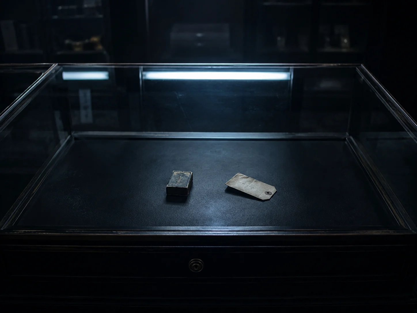 A dark glass counter inside Night Vendor holding a matchbook and folded evidence tag under cold light.