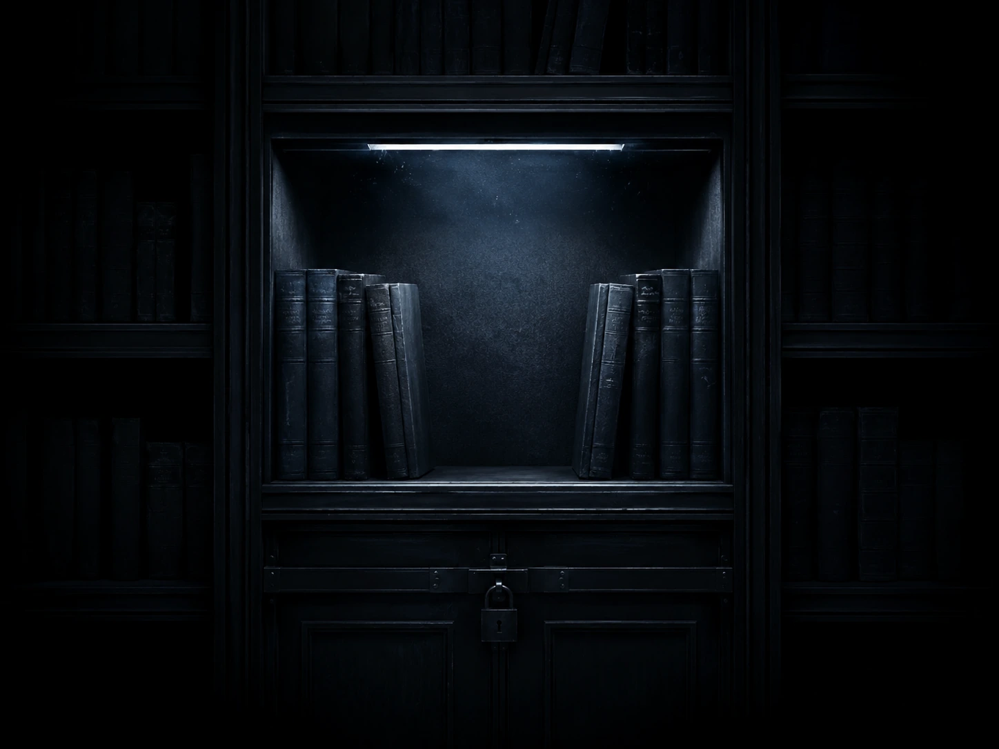 A dark locked bookcase under a cold overhead light, with one empty space waiting on the shelf.