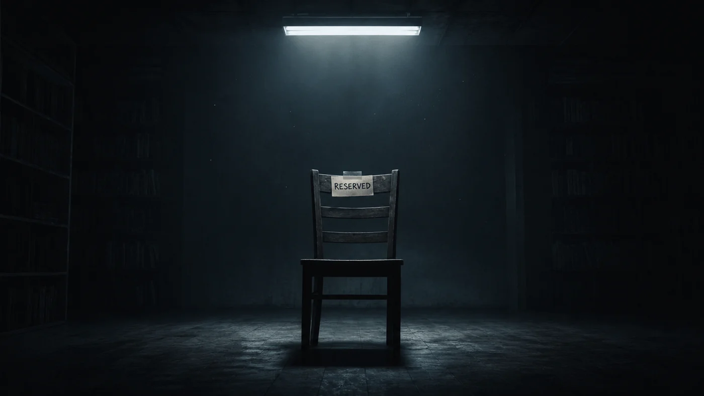 An empty reserved chair under a cold overhead light in a dark bookshop room.