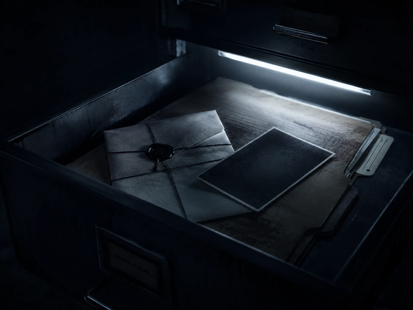 A dark open evidence drawer under cold light with sealed case materials and an unmarked photograph.